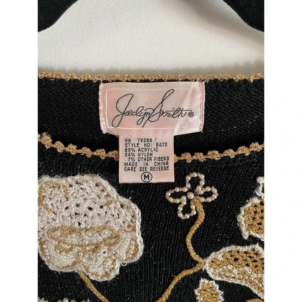 Jaclyn Smith Vintage Black Gold Crochet Floral Pearl Beaded Knit Sweater M 9472 - Picture 3 of 6